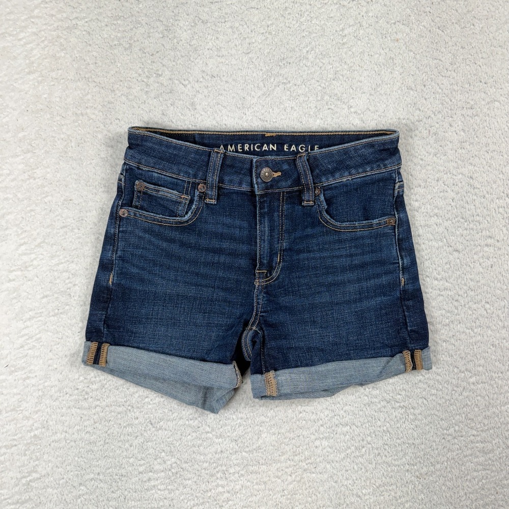 American Eagle Next Level Stretch Midi Shorts Sz 00 (24.5) Dark Wash EUC Whisker